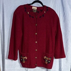 MAT vintage Red floral Embroidered Cardigan 100% wool